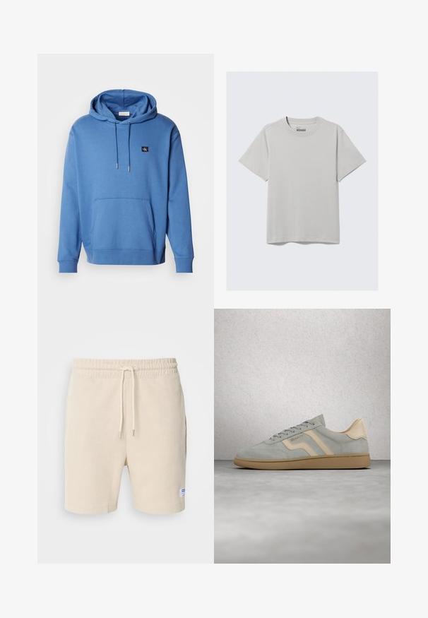 Sudadera de algodón azul con un bolsillo frontal y capucha ajustable con cordón. Presenta un pequeño logo bordado en el pecho y puños acanalados. Textura suave.; Camiseta de algodón gris claro con cuello redondo y mangas cortas, que presenta un diseño minimalista y un corte relajado. Sin estampados ni acentos.; Pantalones cortos color crema hechos de tela texturizada. Presentan una cintura elástica con cordón y bolsillos laterales. Etiqueta pequeña en el dobladillo.; Zapatilla de ante gris claro con detalles beige y suela de goma, flotando sobre un suelo de hormigón pulido cerca de una pared de bloques de vidrio.