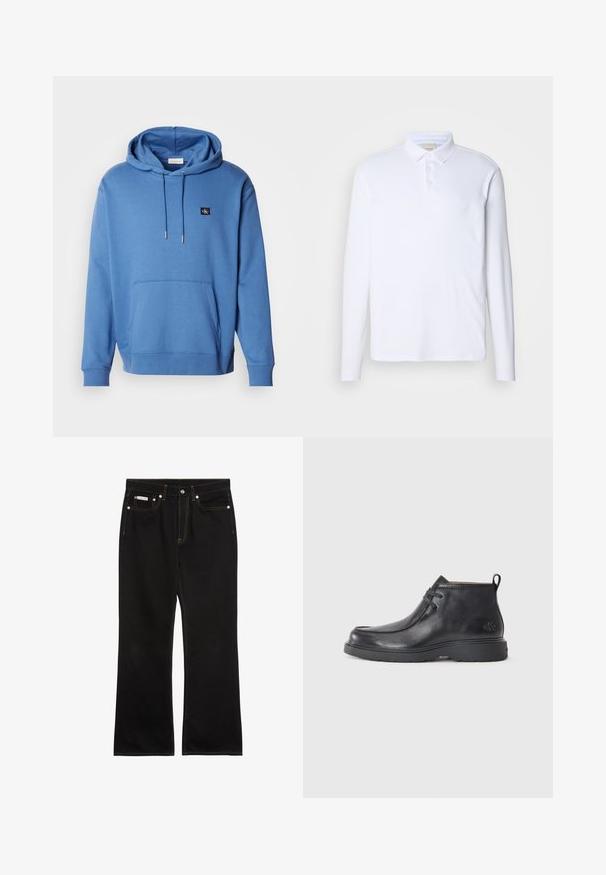 Blaue Baumwollkapuzenjacke mit einer Fronttasche und Kordelzugkapuze. Verfügt über ein kleines gesticktes Logo auf der Brust und gerippte Bündchen. Weicher Stoff.; Langärmliges weißes Polohemd aus weichem Stoff, mit klassischem Kragen, Drei-Knopf-Leiste und dezentem Logo auf der Brust.; Schwarze Jeans mit geradem Bein, oranger Naht, fünf Taschen, Knopfverschluss und kleinem Calvin Klein-Label auf der vorderen rechten Tasche.; Schwarze Leder-Stiefel bis zur Knöchel mit runder Zehenform, Schnürdesign und einer Ziehlasche auf der Rückseite. Strukturiertes Obermaterial und Gummisohle.