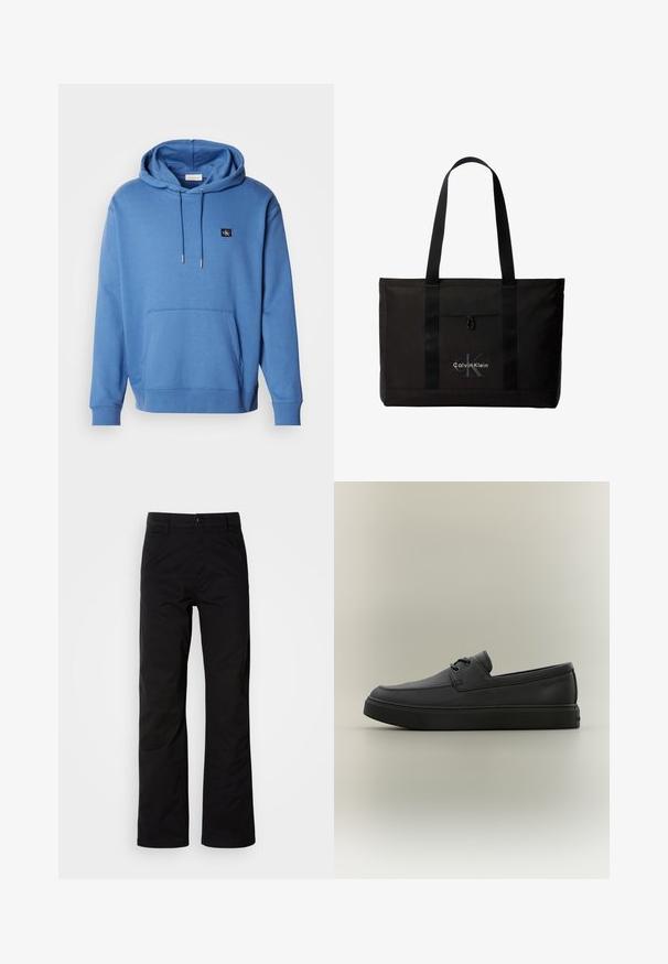 Blaue Baumwollkapuzenjacke mit einer Fronttasche und Kordelzugkapuze. Verfügt über ein kleines gesticktes Logo auf der Brust und gerippte Bündchen. Weicher Stoff.; Schwarze Baumwollhosen mit geradem Bein, ausgestattet mit einem Knopfverschluss und Gürtelschlaufen. Glatte Textur und minimalistischer Stil ohne sichtbare Muster.; Schwarzer lässiger Lederloafer mit Schnürdetails und dicker Gummisohle, seitlich auf neutralem Hintergrund dargestellt.; Schwarze Calvin Klein Tote-Tasche mit zwei langen Griffen und Fronttasche, mit dem Markenlogo in Weiß und Grau.