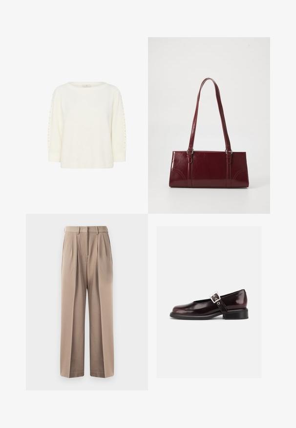 Kaffe KABETTY - Pullover - chalk cc; Pantalon beige à taille haute, avec deux plis à l'avant et une coupe large. Fabriqué en tissu lisse avec une finition soignée et sans matériel visible.; Chaussure Mary Jane unique brillante couleur bordeaux foncé avec une large bride et une boucle argentée, talon bloc bas et bout arrondi sur fond blanc.; Sac à main bordeaux en matériau brillant, de forme rectangulaire, avec deux anses et des accents légèrement courbés à l'avant.