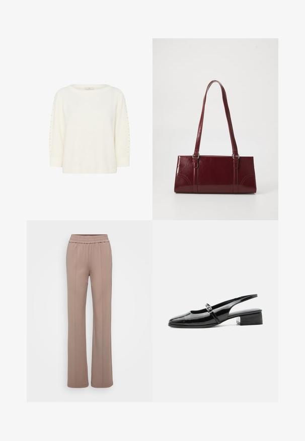 Kaffe KABETTY - Striktrøje - chalk cc; Bukser lavet af blødt, lysebrunt stof med bred ben-design. Har en elastisk talje og to pressefoldslinjer foran.; Sort laklæderslingback-sko med lav blokhæl og tynd rem med sølvspænde over toppen.; Bordeaux håndtaske lavet af glansfuldt materiale, rektangulær form, med to skulderremme og subtile buede detaljer på forsiden.