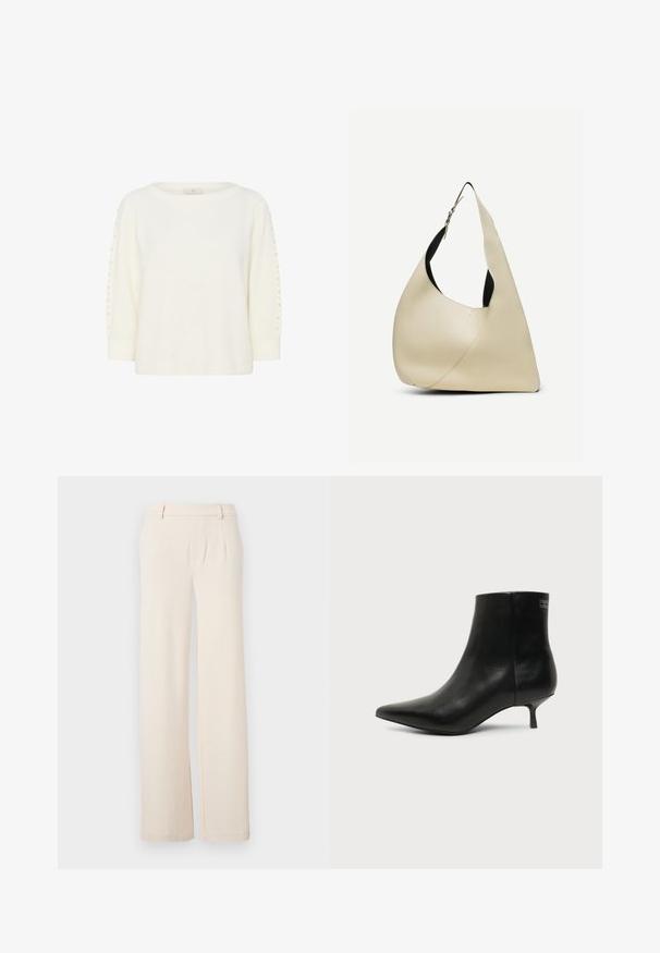 Kaffe KABETTY - Striktrøje - chalk cc; Lyse beige brede bukser med frontfolder, en glat tekstur og sidelommer. Lavet af et blødt stof med en skræddersyet design.; Sort læder ankelstøvle med spids tå og lav kitten hæl på lys baggrund, der viser yderside.; Skuldertaske i cremelærret glat læder med buet trekantet form og justerbar rem med sølvspænde.