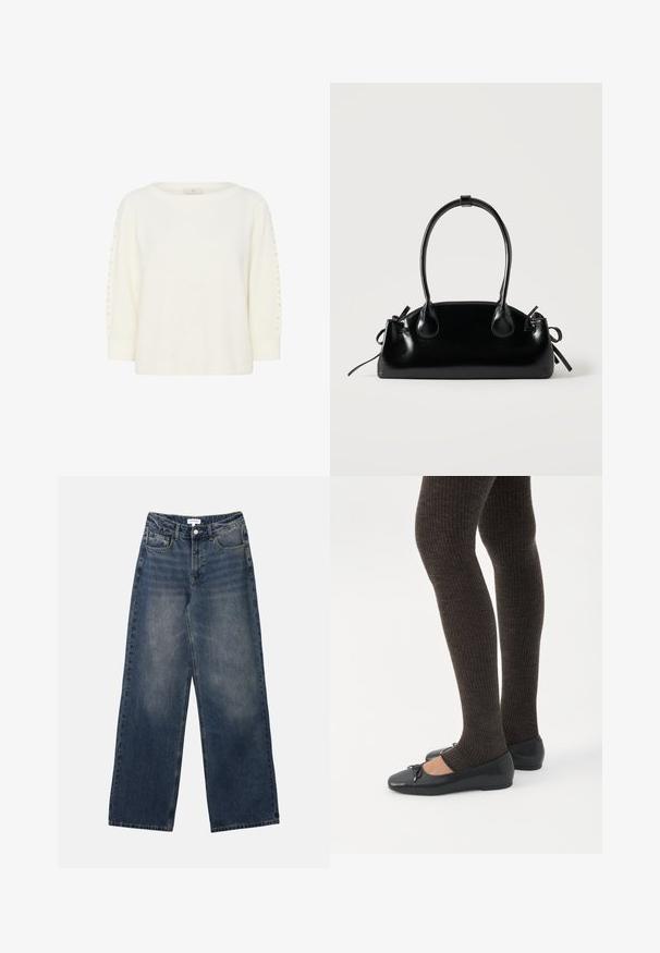 Kaffe KABETTY - Striktrøje - chalk cc; Mænds højtaljede blå denim jeans med brede ben, frontknap og lynlås samt for- og baglommer.; Ben iført mørke ribbede leggings kombineret med sorte balletsko med små sløjfedetaljer på hvid baggrund.; Lille sort blank håndtaske med to lange håndtag og snøre-detaljer i siden på en ensfarvet lys baggrund.