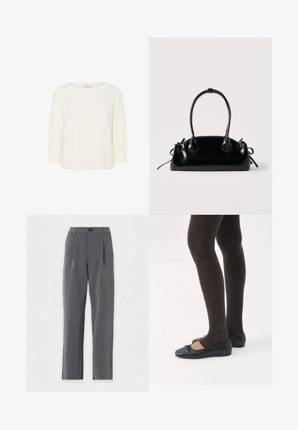 Kaffe KABETTY - Trui - chalk cc; Grijs recht gesneden nette broek met riemlussen, knoopsluiting aan de voorkant en plooien bij de taille op een witte achtergrond.; Benen met donkere geribbelde leggings gecombineerd met zwarte ballerina's met kleine strikdetails op een witte achtergrond.; Kleine zwarte glanzende handtas met twee lange hengsels en zijkant trekkoord details op een effen lichte achtergrond.
