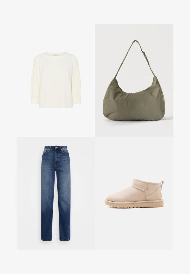 Kaffe KABETTY - Jersey de punto - chalk cc; Jeans rectos azules de denim, con una cintura alta, diseño de cinco bolsillos y un ligero desgaste en la parte delantera para mayor textura.; Botín beige de ante con suela plana, costuras visibles y una lengüeta en la parte trasera sobre un fondo blanco liso.; Bolso de hombro de tela suave color verde oliva con cierre de cremallera y correa ajustable sobre un fondo liso y claro.
