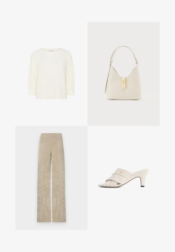 Kaffe KABETTY - Pullover - chalk cc; Pantalons à taille haute et jambe large en velours côtelé beige clair, avec des côtes verticales et une texture douce. Taille plate pour un confort optimal.; Mules à talons hauts beiges avec un design de bride en cuir torsadé, bout ouvert et motif de logo en relief. Le talon présente un détail d'embout noir.; Sac à main en cuir couleur crème avec une seule bandoulière et un fermoir doré au centre devant, sur un fond uni.