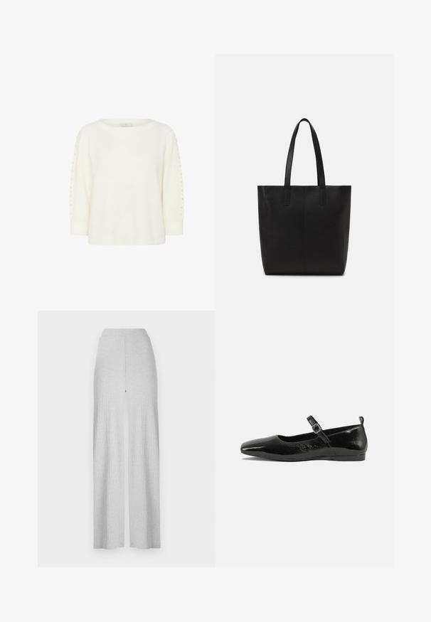 Kaffe KABETTY - Trui - chalk cc; Lichtgrijze geribbelde wijde broek met een hoge tailleband en een split aan de voorkant. Gemaakt van een zachte stof met een gladde textuur.; Zwarte patenten leren ballerina met een spitse neus, een enkelbandje met een gesp en een gladde, glanzende textuur. Lage hak voor comfort.; Zwarte tote bag van getextureerd materiaal, met twee lange handvatten en een eenvoudig, minimalistisch ontwerp zonder zichtbare hardware.