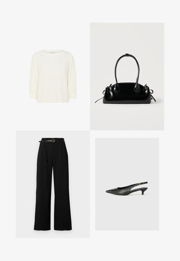Kaffe KABETTY - Pullover - chalk cc; Pantalon noir taille haute à jambes larges avec plis sur le devant et une ceinture noire fine avec une boucle ronde dorée.; Chaussure slingback noire à bout pointu en cuir lisse. Présente un talon fin et un détail de boucle sur la sangle réglable.; Petit sac à main noir brillant avec deux longues anses et des détails à cordon sur les côtés sur un fond clair uni.