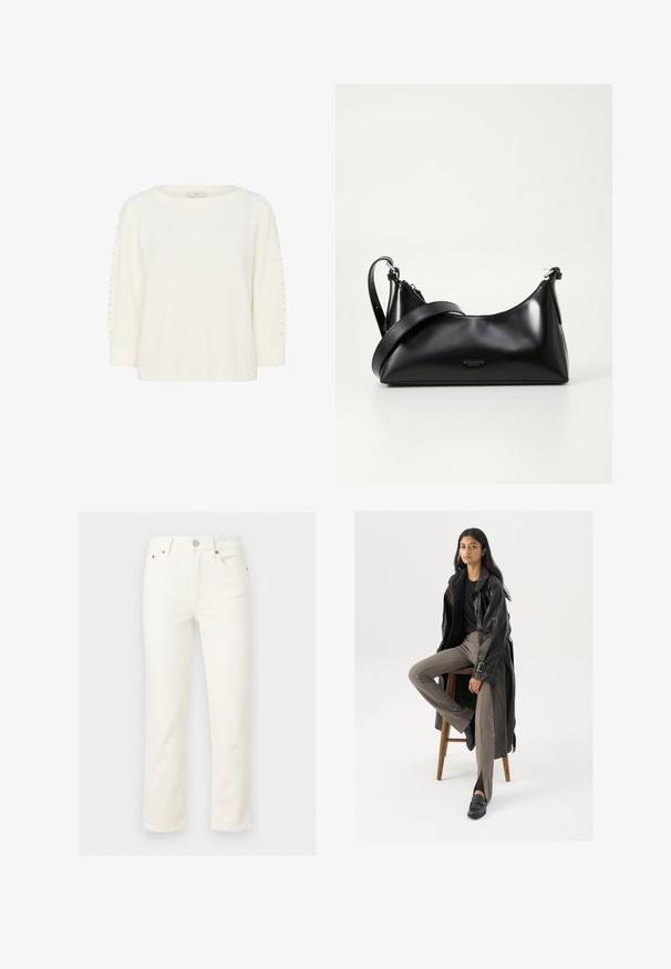 Kaffe KABETTY - Striktrøje - chalk cc; Off-white bukser med lige ben, frontknap og lynlåslukning, bæltestropper og forlommer, vist mod en ensfarvet baggrund.; Sort læder trench coat med knapper og bælte detalje, parret med lysebrune tætsiddende bukser og sorte loafers, siddende på en træstol.; Sort læderhåndtaske med en glat tekstur. Har en justerbar stropp og et enkelt, minimalistisk design med lynlås.