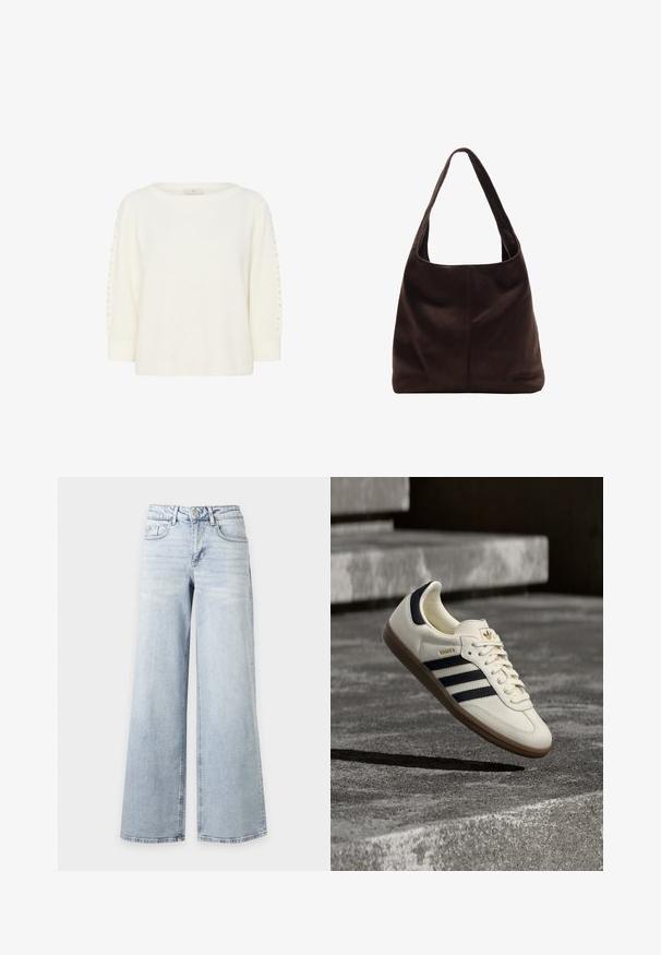 Kaffe KABETTY - Pullover - chalk cc; Jean bleu clair taille haute à jambes larges avec fermeture par bouton et zip, poches avant et arrière, présenté sur fond blanc uni.; Baskets blanches Adidas Samba avec des bandes noires et une semelle en gomme, flottant au-dessus de marches en béton gris texturé.; Sac à épaule en suède marron avec une large bandoulière plate. Design doux et non structuré avec une couture centrale. Pas de matériel ou d'ornements visibles.