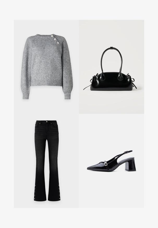 Pull en tricot gris à manches longues, avec un ourlet côtelé et trois boutons décoratifs sur l'épaule gauche, présentant une texture douce.; ONLY ONLWAUW MID WAIST FLARED - Jean flare - washed black; Escarpin à bride arrière en cuir verni noir, bout pointu, petit talon bloc bas, avec deux petites boucles argentées sur les brides.; Petit sac à main noir brillant avec deux longues anses et des détails à cordon sur les côtés sur un fond clair uni.