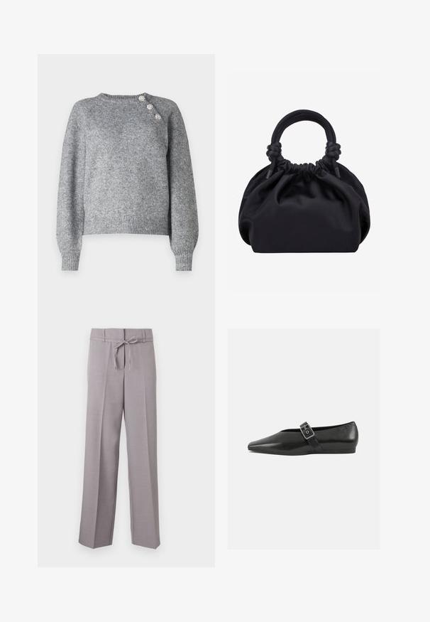 Pull en tricot gris à manches longues, avec un ourlet côtelé et trois boutons décoratifs sur l'épaule gauche, présentant une texture douce.; Pantalons larges gris clair en tissu doux, avec une taille à cordon et des plis marqués pour un ajustement structuré.; Chaussure plate en cuir noir avec un orteil pointu, présentant une sangle à boucle métallique sur le cou-de-pied et une semelle basse et flexible.; Sac à main en tissu noir doux avec haut froncé et poignées circulaires rembourrées nouées de chaque côté.