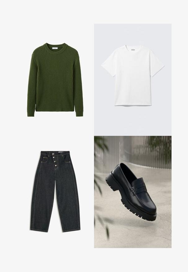 Pull en maille côtelée verte avec col rond, manches longues et finition texturée. Fabriqué en tissu doux, idéal pour temps frais.; T-shirt blanc à manches courtes et col rond, étalé à plat, design uni, avec l'étiquette "WEEKDAY" à l'intérieur du col sur un fond clair.; Jean en denim noir taille haute avec jambes larges, quatre boutons à l'avant, poches avant avec rivets et surpiqures contrastantes.; Mocassins en cuir noir avec une semelle à crampons épaisse, dotés d'une sangle décorative et de détails de couture. Texture lisse avec une finition polie.