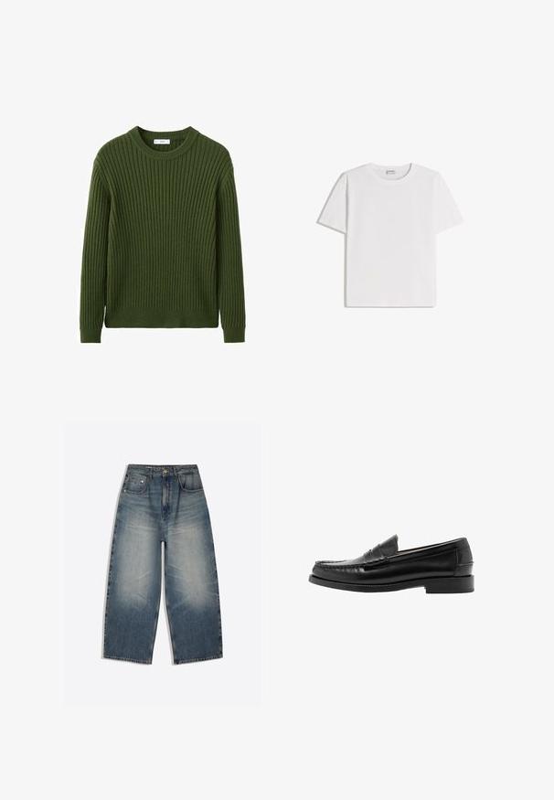 Pull en maille côtelée verte avec col rond, manches longues et finition texturée. Fabriqué en tissu doux, idéal pour temps frais.; T-shirt en coton blanc avec un col rond et des manches courtes. Présente une coupe classique et carrée, sans motifs ni accents visibles.; Jean en denim bleu à jambes larges avec devant délavé, design cinq poches, passants de ceinture et fermeture par bouton, posé à plat sur fond blanc.; Mocassin penny en cuir noir avec bout mocassin cousu, talon bas et finition lisse et polie, présenté de profil sur fond blanc.