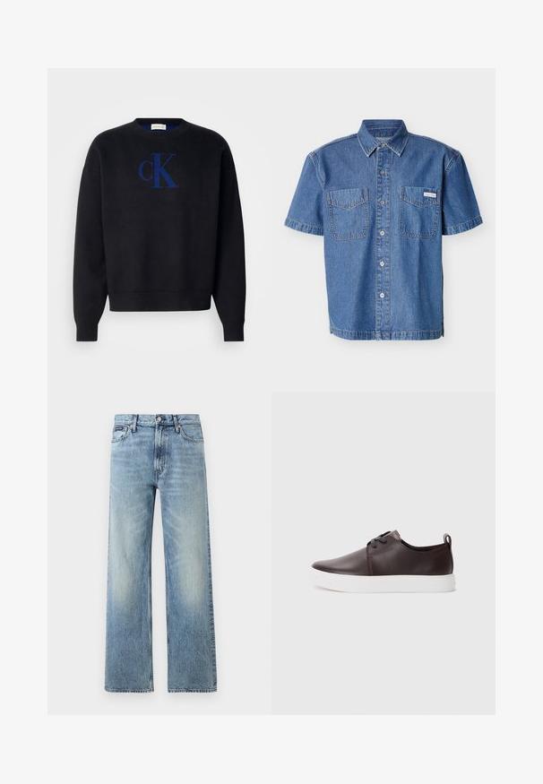 Zwarte gebreide sweater met een ronde halslijn en geribbelde manchetten, met een blauwe geborduurde "cK"-logo op het midden voor.; Korte mouwen denim overhemd met knoopsluiting aan de voorkant, twee borstzakken en een klein Calvin Klein-label op de rechterzak.; Lichtblauwe denim jeans met rechte pijpen, een hoge taille, vijf zakken, knoopsluiting en subtiele vervaging op de dijen en knieën.; Bruine leren sneakers met een gladde afwerking, witte rubberen zool, ronde neus en vetersluiting. Heeft een lus aan de hiel.