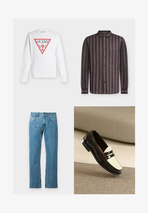Sweat-shirt blanc à manches longues avec un logo triangulaire rouge indiquant "GUESS U.S.A." et "WASHED JEANS" autour d'un point d'interrogation rouge.; Samsøe Samsøe RYAN - Chemise - regal orchid st.; Jean en denim bleu avec une coupe droite, doté d'un design classique à cinq poches et de détails de couture subtils.; Mocassin en cuir noir avec un empeigne crème et des rayures noires, présentant un petit talon et des coutures détaillées le long des bords.