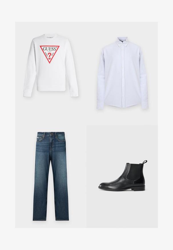 Sweat-shirt blanc à manches longues avec un logo triangulaire rouge indiquant "GUESS U.S.A." et "WASHED JEANS" autour d'un point d'interrogation rouge.; Chemise bleue claire à manches longues avec col classique, boutons blancs et petit logo brodé sur la poitrine.; Jean bleu foncé avec une coupe droite, un design à cinq poches et un léger effet délavé. Fabriqué en tissu denim avec des détails de couture classiques.; Bottine en cuir noir avec des panneaux latéraux élastiques, bout rond et tirette. Texture lisse, semelle plate, design minimaliste.