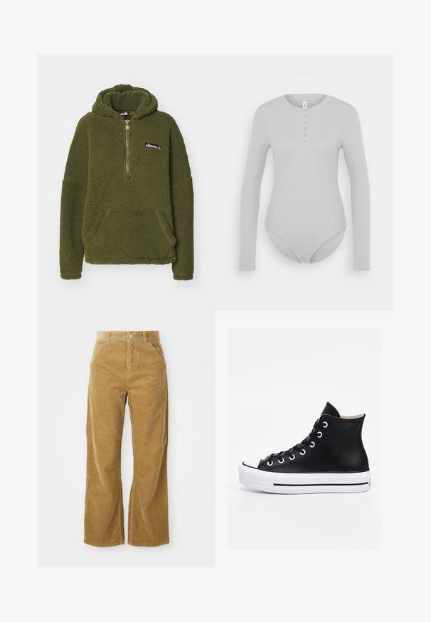 Ellesse ZEPPY - Mikina s kapucňou - khaki; ONLY ONLCARI BODY - Top s dlhým rukávom - ultimate grey; Biely široké nohavice z kordu v svetlohnedej farbe, s textúrovaným ribovaným vzorom, piatimi vreckami a gombíkovým zapínaním v páse.; Čierny vysoký teniska s bielou špičkou a podrážkou, vznášajúci sa nad betónovými schodmi v vonkajšom mestskom prostredí.