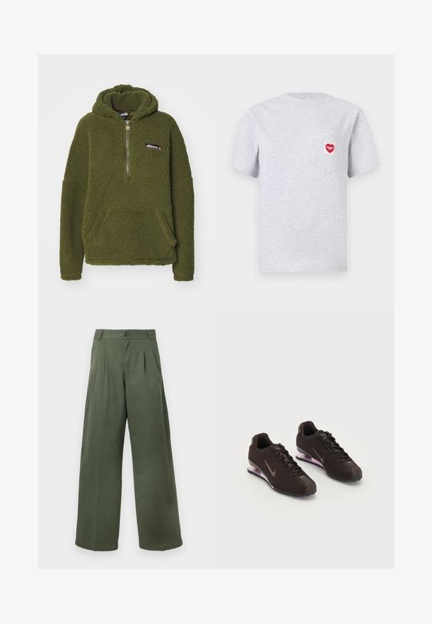 Ellesse ZEPPY - Mikina s kapucňou - khaki; Svetlosivé tričko z bavlny, s okrúhlym výstrihom a krátkymi rukávmi. Na ľavej strane hrudníka vrecko s červenou nášivkou v tvare srdca.; Zelené široké nohavice z bavlny, s gombíkovým zapínaním, skladaným predným dielom a hladkým povrchom so rovnou lemovkou.; Čierne športové topánky s textúrovaným zvrškom, hnedými akcentmi a fialovou vzduchovo tlmenou podrážkou. Šnurovací dizajn s výrazným brandingom.