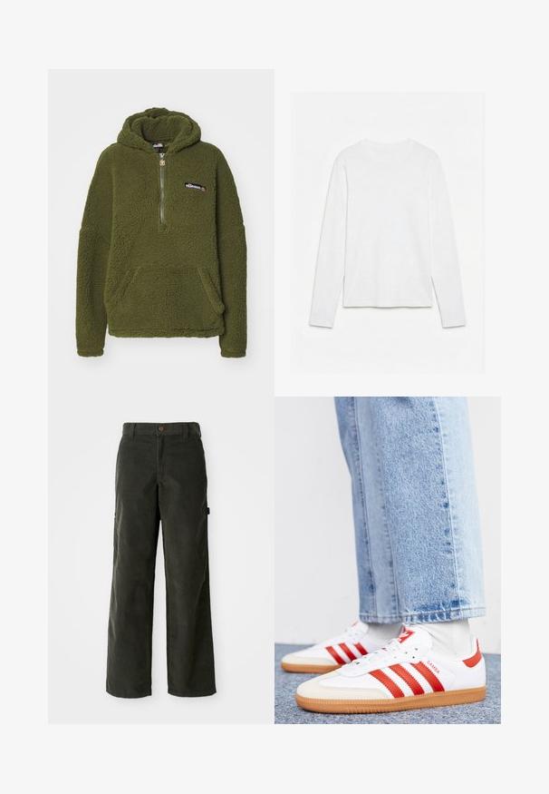 Ellesse ZEPPY - Mikina s kapucňou - khaki; Jednoduché biele tričko s dlhým rukávom a okrúhlym výstrihom, položené priamo na bielom povrchu, zobrazujúce prednú časť a celú dĺžku rukávov.; Tmavo zelené kordové nohavice s voľným strihom, rovnými nohavicami, prednými vreckami a zapínaním na gombík. Textúrovaná tkanina s vertikálnymi rebrami.; Biele kožené tenisky s červenými pruhmi a akcentmi. Majú štruktúrovanú gumovú podrážku a polstrovaný golier. Nosené s svetlomodrými džínsami.