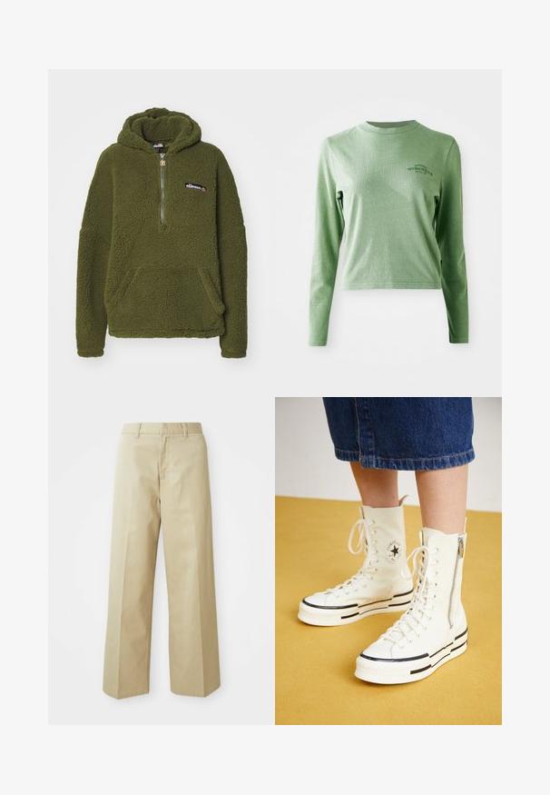 Ellesse ZEPPY - Mikina s kapucňou - khaki; Svetlozelené tričko s dlhými rukávmi vyrobené z jemnej bavlny, s okrúhlym výstrihom a malým potlačeným logom na hornej ľavej strane.; Béžové široké nohavice vyrobené z bavlny s hladkou textúrou. Majú rovný strih, pútka na opasok a predné vrecká.; Biele vysoké tenisky s zipsovým uzáverom, šnurovací dizajn a čierne prúžky na hrubej podrážke. Textúrovaný plátený materiál.