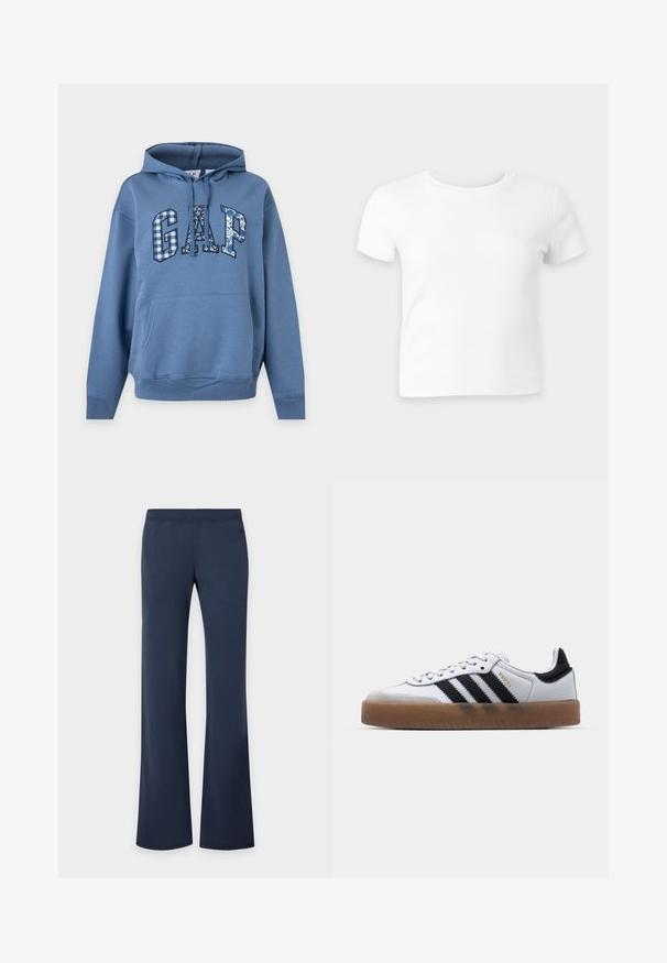 Sweat à capuche bleu avec poche kangourou, capuche et cordons, avec le texte « "GAP" » sur la poitrine dans des motifs floraux et à carreaux mixtes.; T-shirt blanc uni à manches courtes et col rond sur fond gris clair, présenté à plat face vers l’avant.; Pantalon bleu marine à jambes droites avec taille élastique, présenté sur un fond clair uni.; Baskets en cuir blanc avec des rayures noires, semelle extérieure en caoutchouc beige, bout rond, fermeture lacée et embout en suède gris doux.
