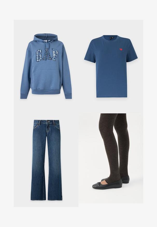 Sweat à capuche bleu avec poche kangourou, capuche et cordons, avec le texte « "GAP" » sur la poitrine dans des motifs floraux et à carreaux mixtes.; T-shirt bleu à manches courtes et col rond avec un petit emblème en forme de cœur rouge sur le côté gauche de la poitrine, sur un fond blanc uni.; Jean denim bleu coupe droite avec poches avant, passants de ceinture, fermeture par bouton et coutures visibles sur un fond clair uni.; Jambes portant des leggings côtelés foncés associés à des ballerines noires avec de petits détails en nœud sur fond blanc.