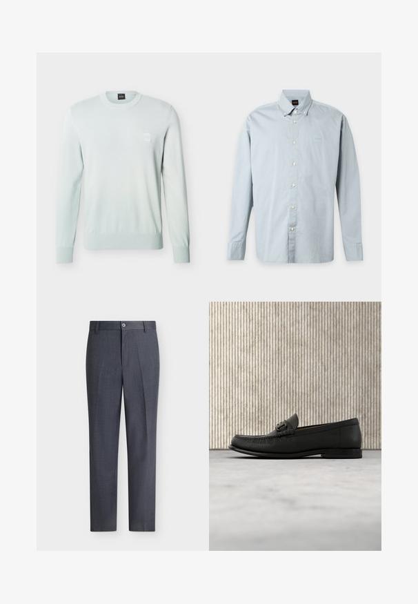 Pull bleu clair à manches longues avec col rond, bordures côtelées aux poignets et à l'ourlet, arborant un petit patch logo carré sur la poitrine gauche.; Chemise bleu clair à manches longues avec boutons, col, petit patch logo sur la poitrine et boutons blancs, affichée à plat sur fond blanc.; Pantalon habillé sur mesure gris foncé avec fermeture par bouton et zip, passants de ceinture et coupe droite sur fond blanc.; Mocassin en cuir noir avec détail de mors en métal, présenté au-dessus d'un tapis beige, avec une table ronde marron en arrière-plan.