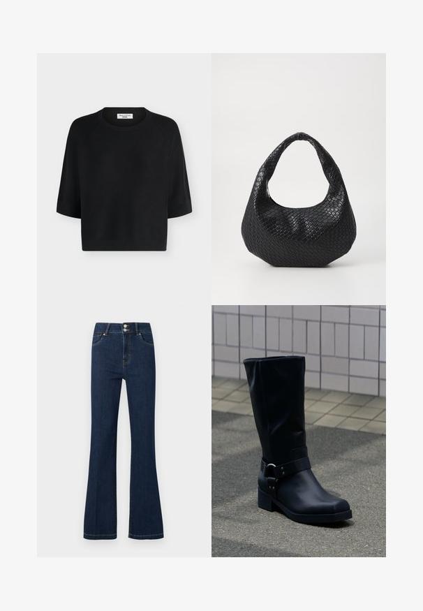 Pull en maille noir à manches courtes avec col rond et bords côtelés, étiqueté Marc O'Polo Denim.; Jean en denim bleu foncé avec taille haute, double bouton de fermeture, poches avant et jambes légèrement évasées.; Botte en cuir noire mi-mollet avec un petit talon bloc et une bride décorative avec boucle métallique autour de la cheville, sur un trottoir carrelé.; Sac à main tissé noir avec une poignée courbée, présentant une surface texturée et une forme décontractée. Fini lisse avec une silhouette organique.
