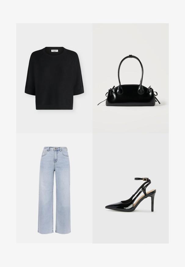 Pull en maille noir à manches courtes avec col rond et bords côtelés, étiqueté Marc O'Polo Denim.; Jean large taille haute bleu clair avec bouton et fermeture éclair à l'avant, deux poches avant et deux poches arrière, et ourlet brut.; Escarpin en cuir verni noir à talon haut, avec un bout pointu, une bride réglable à la cheville et des côtés ouverts. Texture lisse.; Petit sac à main noir brillant avec deux longues anses et des détails à cordon sur les côtés sur un fond clair uni.