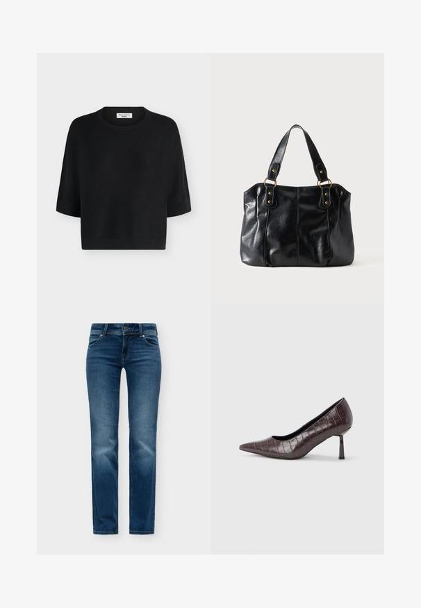 Pull en maille noir à manches courtes avec col rond et bords côtelés, étiqueté Marc O'Polo Denim.; Jean en denim bleu avec un design classique à cinq poches, fermeture par bouton et fermeture éclair, et légère décoloration sur les cuisses et les genoux avant.; Escarpins à bout pointu en similicuir marron avec une texture crocodile, dotés d’un talon fin et angulaire ainsi que d’une doublure intérieure lisse.; Sac à épaule en cuir noir avec double anses attachées par des anneaux et rivets dorés, surface lisse et légèrement brillante, design simple.