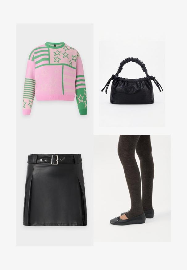 Pull rose avec des motifs d'étoiles et de rayures vertes et roses claires. Col rond et poignets côtelés. Design court avec une texture douce.; Jupe mini en faux cuir noir avec un design ajusté, des plis latéraux et une ceinture avec une boucle argentée et des œillets. Texture lisse, taille haute.; Jambes portant des leggings côtelés foncés associés à des ballerines noires avec de petits détails en nœud sur fond blanc.; Sac à main noir avec texture crocodile, bord supérieur froncé, poignée plissée et pompons à cordon de chaque côté sur fond blanc.