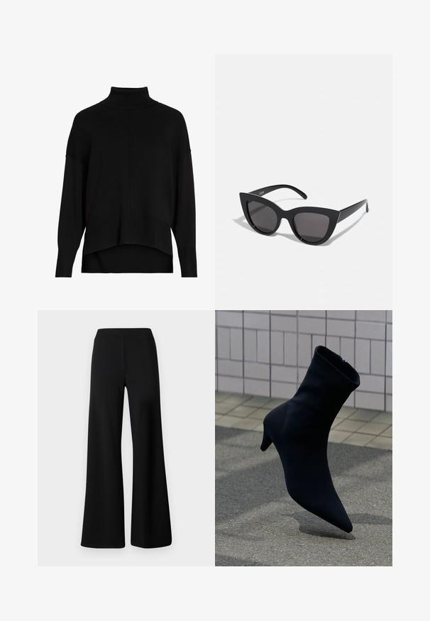 Sort strik cardigan med løs pasform, sænkede skuldre, ribbede manchetter og et høj-lav kantdesign. Blød tekstur, minimal detaljer.; Sorte vide bukser lavet af blød, strækbar stof. Har en glat, elastisk talje og et enkelt, udekoreret design.; Sort ankelstøvle med spids tå, elegant design, blødt materiale og en diskret hæl. Har lynlås bagpå.; Sorte cat-eye solbriller med mat finish, der har grå tonede linser, skarpe vinkler og slanke sidearme. Mærkenavnet er synligt på den indre arm.