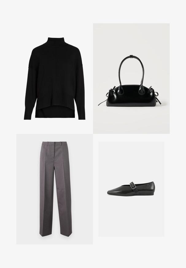 Sort strik cardigan med løs pasform, sænkede skuldre, ribbede manchetter og et høj-lav kantdesign. Blød tekstur, minimal detaljer.; Grå skræddersyede bukser lavet af struktureret stof, med lige ben, flad front og bæltestropper.; Sorte læder flade sko med spidse tæer, prydet med en metallisk spænde over vristen og en lav, fleksibel sål.; Lille sort blank håndtaske med to lange håndtag og snøre-detaljer i siden på en ensfarvet lys baggrund.