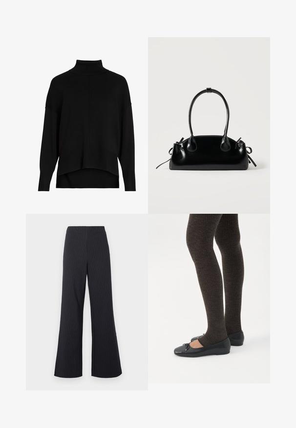 Sort strik cardigan med løs pasform, sænkede skuldre, ribbede manchetter og et høj-lav kantdesign. Blød tekstur, minimal detaljer.; Sorte bukser med vide ben og lodrette hvide nålestriber, elastisk talje og glat stoftekstur, der giver en afslappet pasform og et skræddersyet udseende.; Ben iført mørke ribbede leggings kombineret med sorte balletsko med små sløjfedetaljer på hvid baggrund.; Lille sort blank håndtaske med to lange håndtag og snøre-detaljer i siden på en ensfarvet lys baggrund.