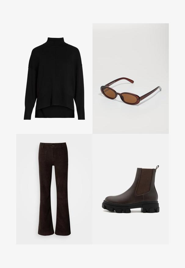 Schwarzer Strickrollkragenpullover mit lockerer Passform, überschnittenen Schultern, gerippten Bündchen und einem High-Low-Saumdesign. Weiche Textur, minimale Details.; Braune Cord-Flared-Hose mit hoher Taille, vorderer Knopfverschluss und zwei Gesäßtaschen. Glatte Textur mit leicht glänzendem Finish.; Braune Leder-Chelsea-Boots mit elastischen Seitenpanelen, strukturierten Stoffakzenten, dicker schwarzer Gummisohle und einer Zuglasche hinten.; Runde, braun getönte Sonnenbrillen mit einem glänzenden burgunderfarbenen Rahmen. Schlanke Bügel mit dezentem Branding. Flaches Linsendesign.