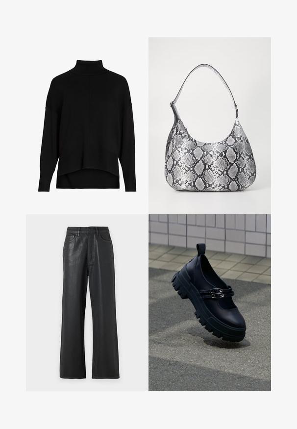 Zwarte gebreide coltrui met een losse fit, verlaagde schouders, geribbelde boorden en een high-low zoom ontwerp. Zachte textuur, minimale detailing.; Zwarte wijde broek gemaakt van een glanzend materiaal. Bevat een knoopsluiting, riemlussen en voorzakken met een gladde structuur.; Zwarte chunky Mary Jane-schoen met dubbele zilveren gespsluiting op een gestructureerd trottoir nabij een betegelde muur.; Zwart-witte slangenprint schoudertas met een afgeronde vorm, een gladde textuur en een ronde strap. Voorzien van een zilveren hardwareaccent.