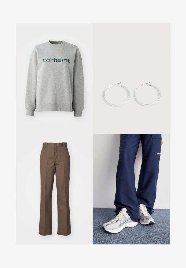 Sweatshirt gris en mélange de coton, avec un col rond et des poignets côtelés. Logo affiché en vert foncé sur la poitrine.; Pantalon en coton marron avec une coupe droite, doté d'un devant plat et de passants de ceinture. Texture lisse, sans motifs ni accents visibles.; Baskets de sport Nike avec une tige en maille argentée, des accents blancs et des semelles texturées, associées à un pantalon marine ample.; Paire de boucles d'oreilles créoles argentées brillantes avec fermoirs en fil fin, présentée sur un fond gris clair.