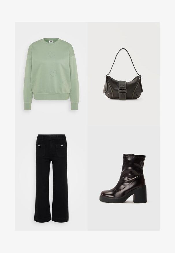 Ανοιχτό πράσινο φούτερ με άνετη εφαρμογή και στρογγυλή λαιμόκοψη. Διαθέτει καρδιές με κουκίδες και ριμπ μανσέτες, κατασκευασμένο από μαλακό υλικό.; Μαύρα τζιν παντελόνια σε φαρδιά γραμμή, κατασκευασμένα από τζιν ύφασμα, με ψηλή μέση, δύο πίσω τσέπες και ασημένιες κουμπότρυπες. Λείο υλικό με καθαρή σχεδίαση.; Λαμπερό μαύρο μποτάκι στον αστράγαλο με χοντρό τακούνι και στρογγυλή μύτη, από λείο δέρμα με διακριτές ραφές.; Μαύρη δερμάτινη τσάντα ώμου με λεπτομέρεια ιμάντα με πόρπη, καμπυλωτές άκρες και αντίθετη λευκή ραφή σε απλό φόντο.