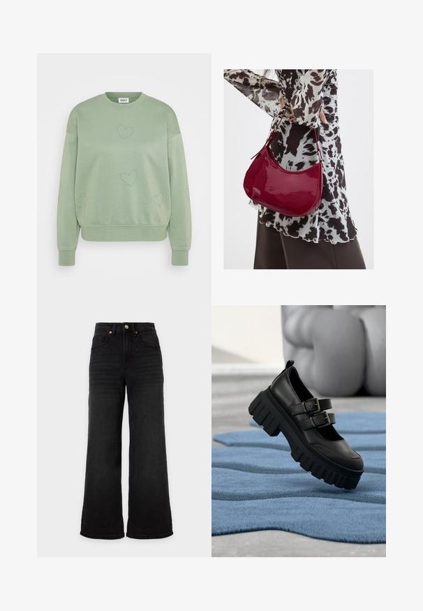 Sudadera de color verde claro con un corte relajado y cuello redondo. Presenta patrones de corazones con puntiagudas y puños de canalé, fabricada en material suave.; Vaqueros negros de pierna ancha y tiro alto con bolsillos delanteros y cierre de botón sobre un fondo liso y claro.; Zapatos de cuero negro con correas de doble hebilla y suelas gruesas con estrías. El zapato está colocado sobre una alfombra azul texturizada.; Mujer con blusa de estampado en blanco y negro sosteniendo un bolso de hombro rojo brillante sobre un fondo liso.