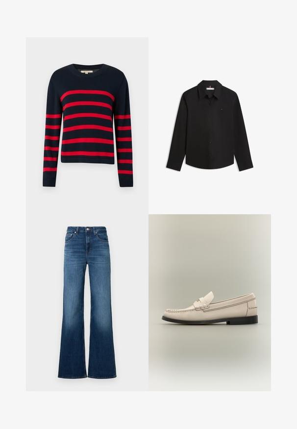 Pull tricoté bleu marine avec des rayures rouges horizontales, col rond et poignets côtelés. Manches mi-longues avec un ourlet droit.; Chemise noire à manches longues avec col et petit logo sur le côté gauche de la poitrine, affichée à plat sur un fond blanc.; Jean évasé bleu en denim, avec une taille mi-haute, cinq poches, des surpiqûres contrastantes et une finition légèrement délavée.; Mocassin pour homme en cuir beige avec semelle noire et détail de sangle décorative sur fond gris clair.