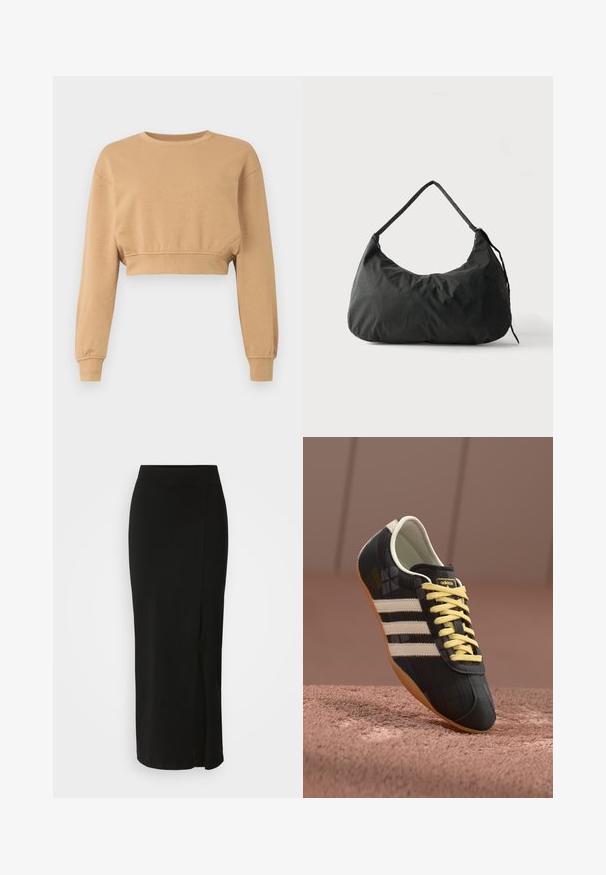 Sweatshirt court en marron clair, fabriqué en tissu doux. Il dispose de manches longues, d'un col rond et d'un élastique discret aux poignets et à l'ourlet.; Jupe noire, de longueur genou, fabriquée en tissu doux et extensible. Elle possède une taille ajustée et une fente sur le côté pour faciliter les mouvements.; Chaussure de sport noire avec trois bandes blanches, lacets jaunes et finition texturée. Présente un design courbé et une semelle en caoutchouc.; Sac d’épaule en tissu noir doux avec une bandoulière simple et une texture légèrement froissée sur un fond clair uni.
