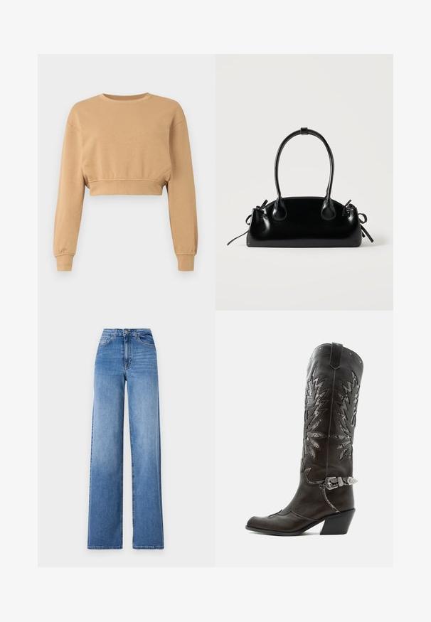 Cropped sweatshirt in lichtbruin, gemaakt van zacht stof. Heeft lange mouwen, een ronde halslijn en subtiele elastiek bij de boorden en de zoom.; Lichtblauwe wijd uitlopende spijkerbroek van denim, met een hoge taille, voorkruiszakken en een standaard knoopsluiting. Gladde textuur.; Zwarte leren cowboylaars met decoratieve uitsnijdingen, zilveren gesp en schuine hak, weergegeven op een witte achtergrond.; Kleine zwarte glanzende handtas met twee lange hengsels en zijkant trekkoord details op een effen lichte achtergrond.