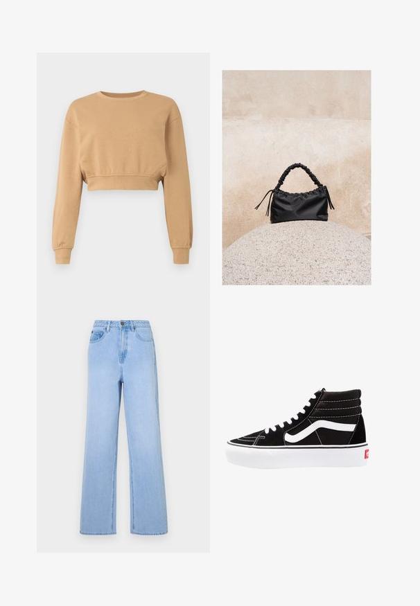 Sweatshirt court en marron clair, fabriqué en tissu doux. Il dispose de manches longues, d'un col rond et d'un élastique discret aux poignets et à l'ourlet.; Jean taille haute bleu clair avec une coupe évasée, en denim. Comprend des coutures visibles et un style à cinq poches.; Baskets montantes noires avec des lacets blancs, un logo blanc et des coutures blanches contrastées. Dotées d'une épaisse semelle blanche et d'un dessus en daim texturé.; Sac à main noir froncé avec une poignée froncée, posé sur une sphère en pierre texturée devant un mur en béton beige.