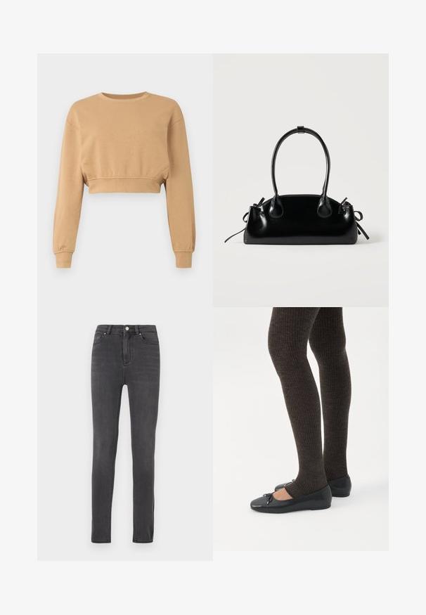 Sweatshirt court en marron clair, fabriqué en tissu doux. Il dispose de manches longues, d'un col rond et d'un élastique discret aux poignets et à l'ourlet.; Jean skinny noir en denim, avec un design classique à cinq poches, une fermeture éclair et un bouton en métal, et un délavage minimal.; Jambes portant des leggings côtelés foncés associés à des ballerines noires avec de petits détails en nœud sur fond blanc.; Petit sac à main noir brillant avec deux longues anses et des détails à cordon sur les côtés sur un fond clair uni.