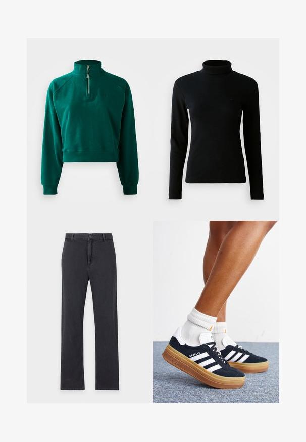 Sudadera corta en verde oscuro, con un cuello de media cremallera, puños acanalados y una textura suave. Logo bordado en el pecho.; Suéter negro de manga larga con cuello alto de tejido acanalado y silueta ajustada, sobre un fondo blanco liso.; Vaqueros negros de pierna recta con cierre frontal de botón y cremallera, trabillas para cinturón y diseño clásico de cinco bolsillos, extendidos planos sobre fondo blanco.; Piernas con calcetines blancos y zapatillas Adidas Gazelle negras con rayas blancas y suelas marrones gruesas sobre un suelo alfombrado gris.