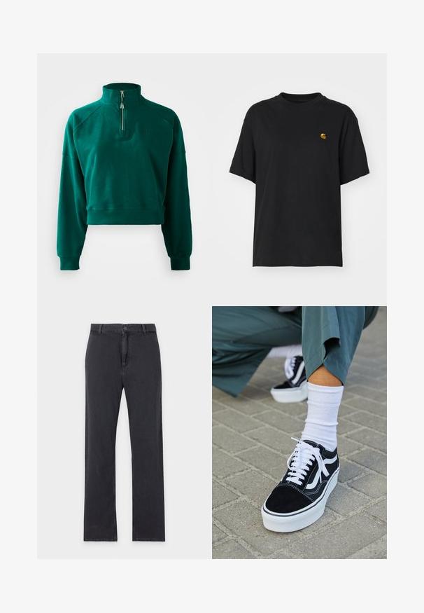 Tumedas rohelises toonis crop-sweatshirt, millel on pooltõmbe kaelus, soonikud käiste otsas ja pehme tekstuur. Rinnal tikandiga logo.; Must must särk lõdva lõikega. Omab ümmargust kaelust ja lühikesi varrukaid. Rinnal on väike kuldne tikandiga logo.; Sirged mustad teksad esiküljel nööbi ja tõmblukuga, vööaasadega ning klassikalise viie tasku disainiga, paigutatud valgel taustal.; Mustjad sametist tennisjalanõud valgete aktsentide ja nööridega, millel on paks valge tald ja kontrastsed õmblused, koos valge sokiga.