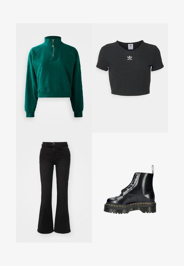 Sudadera corta en verde oscuro, con un cuello de media cremallera, puños acanalados y una textura suave. Logo bordado en el pecho.; Camiseta negra corta hecha de algodón, con un escote redondo y mangas cortas. En el centro tiene bordado blanco del logo de Adidas.; Vaqueros negros acampanados de cintura alta, confeccionados en tela de mezclilla. Cuentan con bolsillos delanteros, cierre de botón y una textura suave.; Botín de cuero negro hasta el tobillo con suela gruesa, que presenta un cordón decorativo, un pespunte amarillo en la suela, y una lengüeta en el talón.