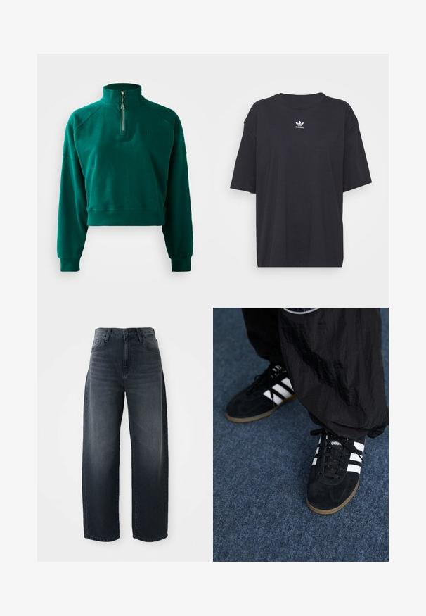 Kurz geschnittenes Sweatshirt in Dunkelgrün mit einem Halbreißverschluss-Kragen, gerippten Bündchen und einer weichen Textur. Gesticktes Logo auf der Brust.; Schwarzes Baumwoll-T-Shirt mit kurzen Ärmeln, rundem Halsausschnitt, mit einem weißen Adidas-Logo auf der Brust. Einfaches Design, lockere Passform.; Weite Jeans in dunkelblauem Denim, mit hoher Taille, klassischem Knopf- und Reißverschluss und subtilen Ausbleichungen an der Vorderseite.; Schwarze Wildleder-Sportschuhe mit drei weißen Streifen und schwarzen Schnürsenkeln. Eine strukturierte schwarze Hose ist teilweise neben den Schuhen sichtbar.