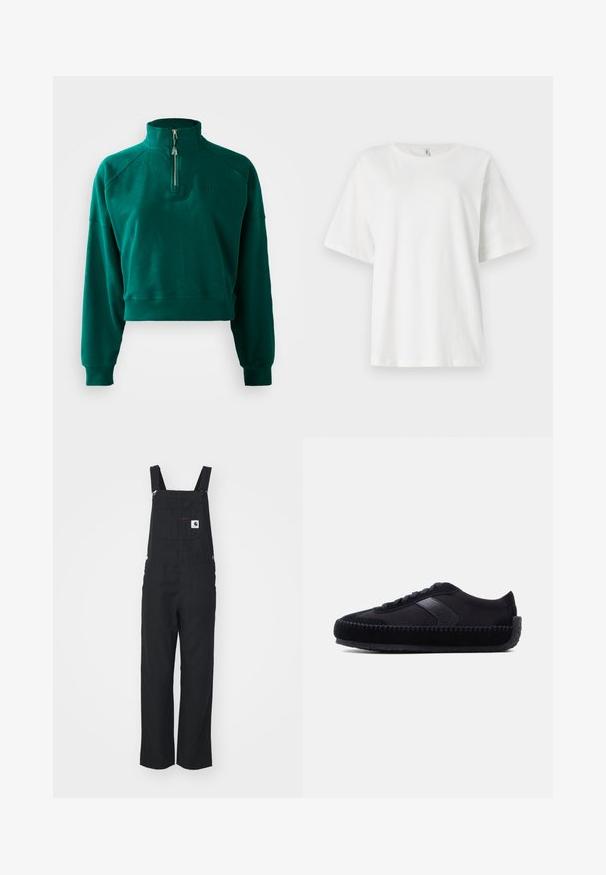 Sudadera corta en verde oscuro, con un cuello de media cremallera, puños acanalados y una textura suave. Logo bordado en el pecho.; Camiseta blanca de manga corta hecha de algodón. Cuello redondo y ajuste relajado. Textura suave sin patrones visibles ni detalles de hardware.; Cazadora negra de tela con tirantes ajustables, bolsillo de parche frontal y botones laterales. Diseño de pierna recta, textura suave, estilo minimalista.; Zapatilla de estilo mocasín negra de perfil bajo con detalles cosidos, acentos de cuero, cordones en la parte frontal y suela texturizada sobre un fondo liso.